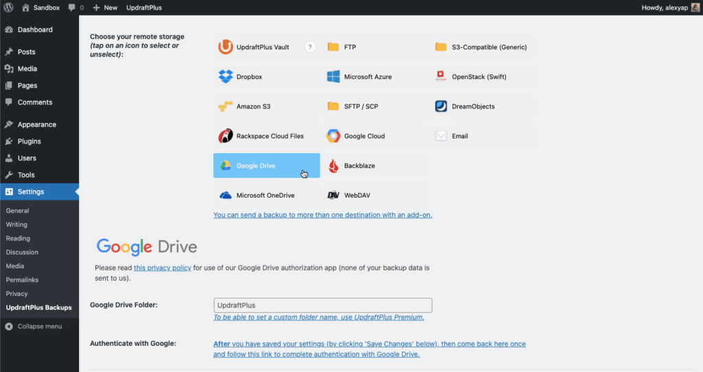 Selecting cloud storage for WordPress backups on UpdraftPlus