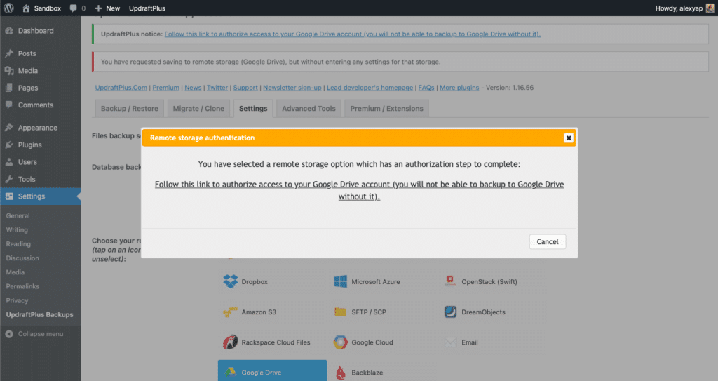 Authorizing access to cloud storage for UpdraftPlus
