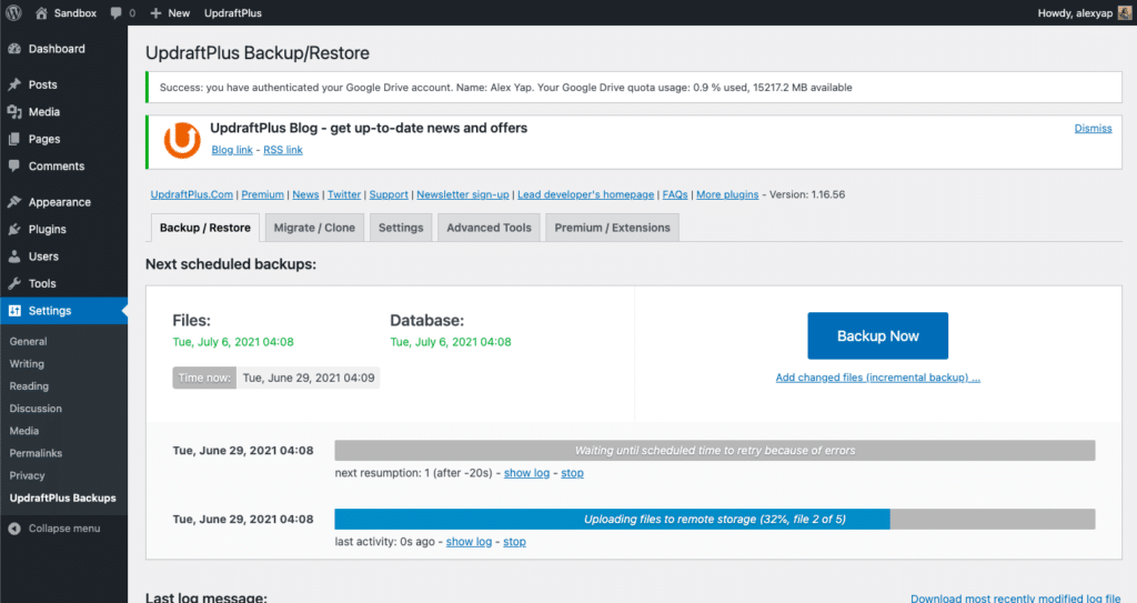 Successful scheduling of automated backups on UpdraftPlus