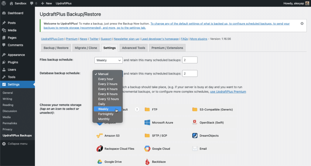 Setting automated backup frequency on UpdraftPlus