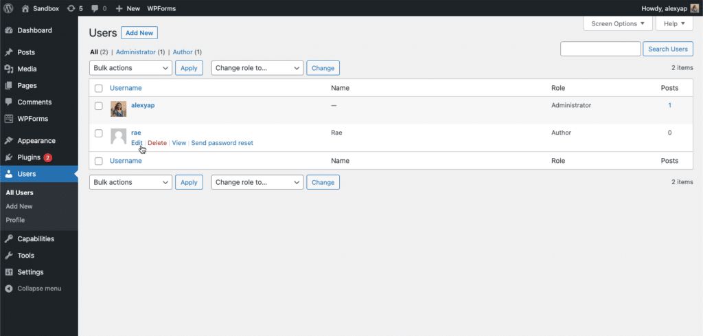 How to edit the assigned role in the WordPress dashboard
