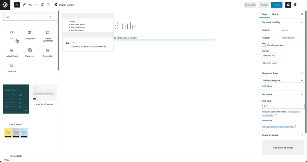 Adding the list block in the WordPress Block Editor