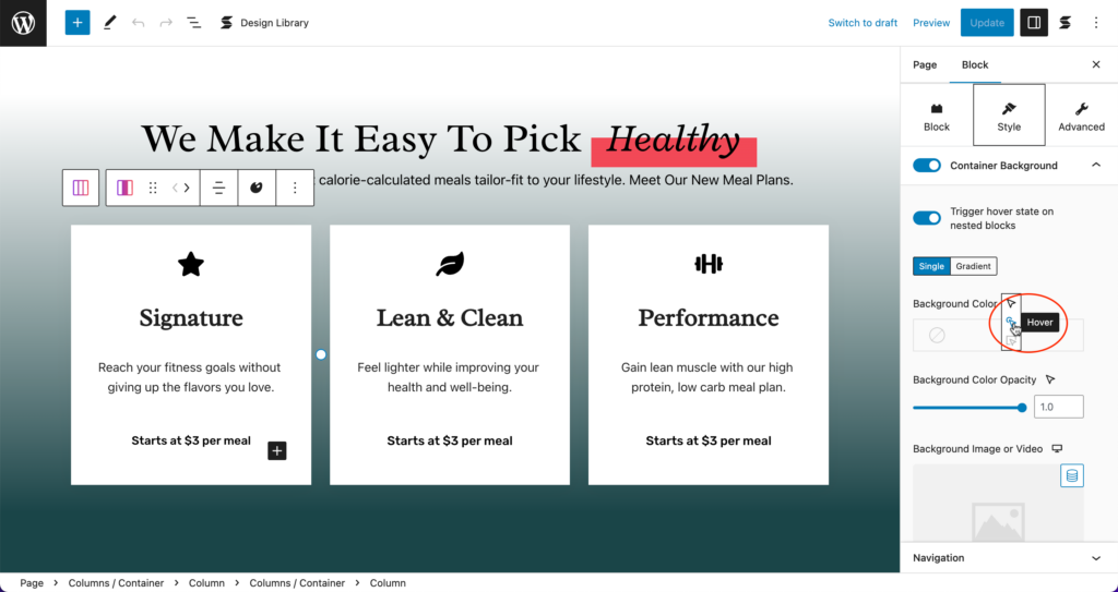 The cursor selecting the hover state