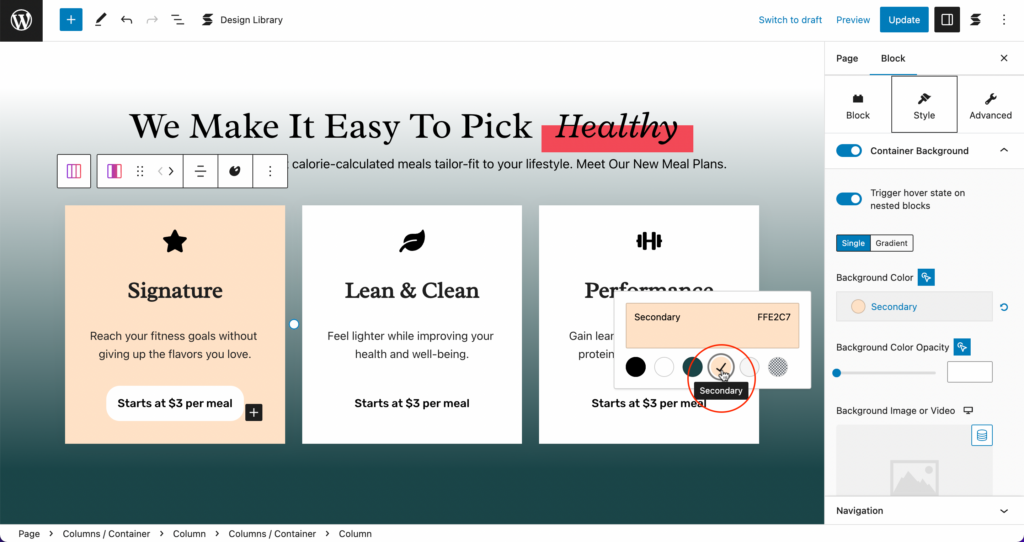 Selecting a new color for the background color